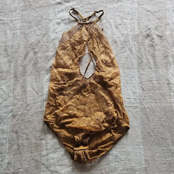 Victoria's Secret Sexy Boho Sheer Brown Lace High Neck Cut Out Bodysuit